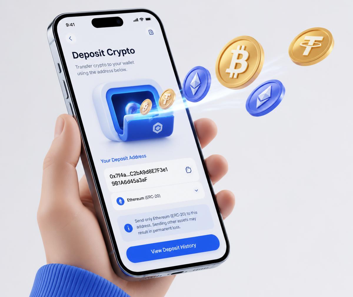 Hand holding a phone depositing crypto from an exchange