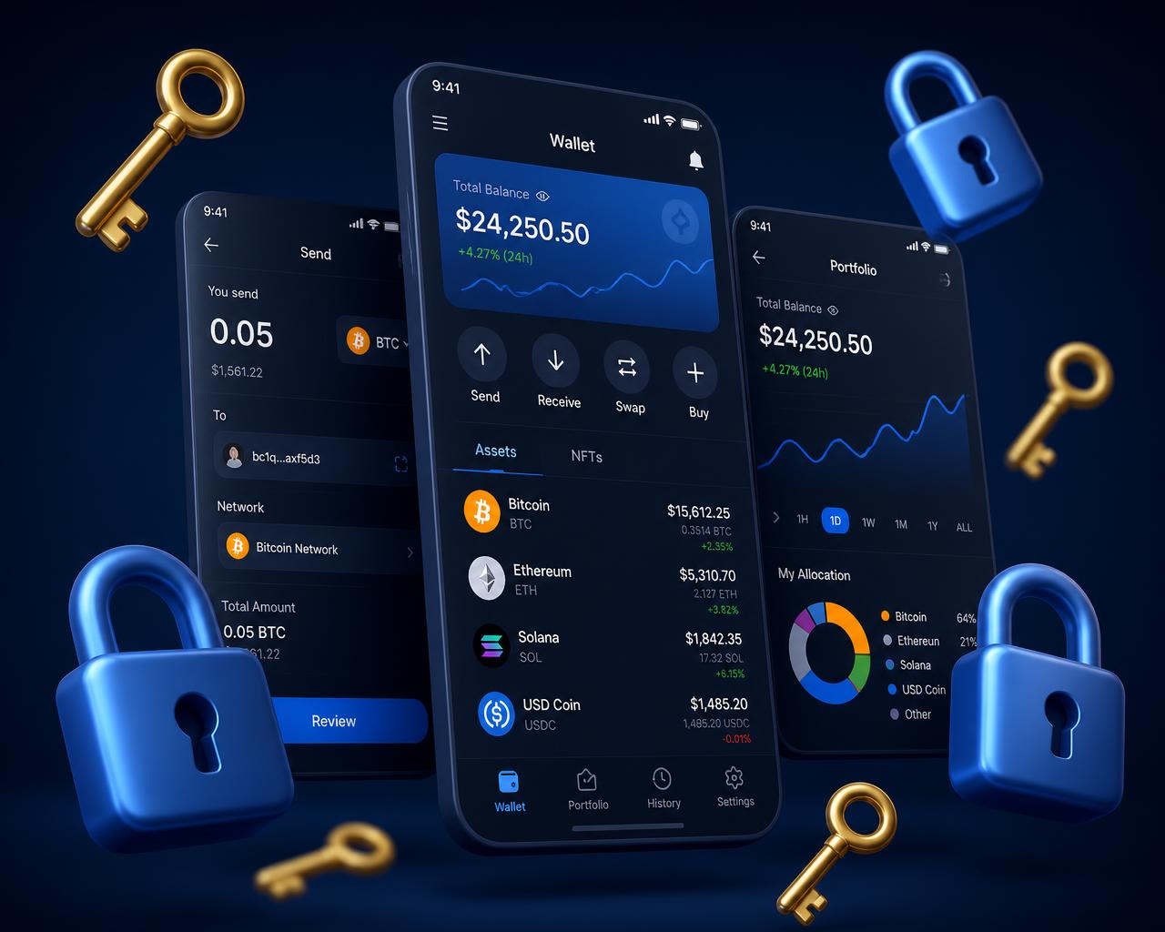 Trust Wallet app screens surrounded by keys and locks